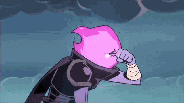 a cartoon character with a pink head is crying while standing in the rain .
