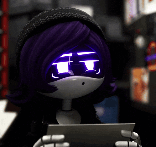 a cartoon character with purple hair and a black hat