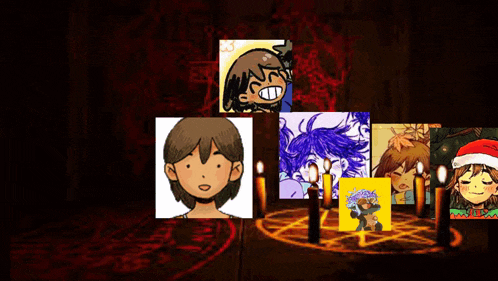 a collage of cartoon characters with candles in a pentagram