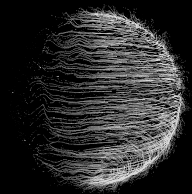 a black and white drawing of a sphere made of lines on a black background