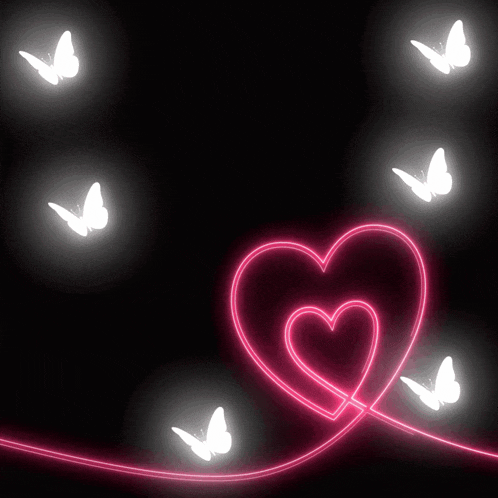 a pink heart with white butterflies around it on a black background