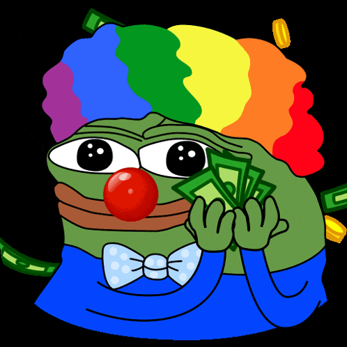 a cartoon of a green frog wearing a clown costume holding money