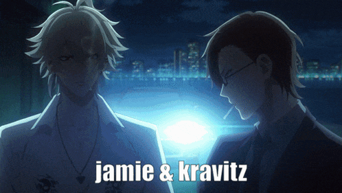 two anime characters standing next to each other with the words jamie & kravitz written below them