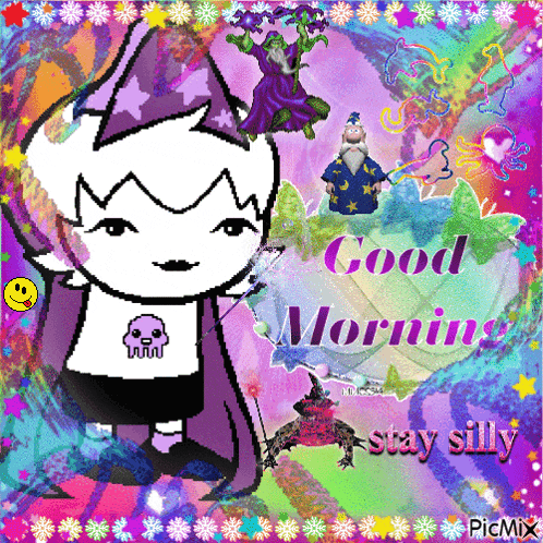 a cartoon character says good morning stay silly on a colorful background