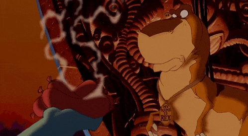 a cartoon of a dinosaur with a tag that says my name is rex