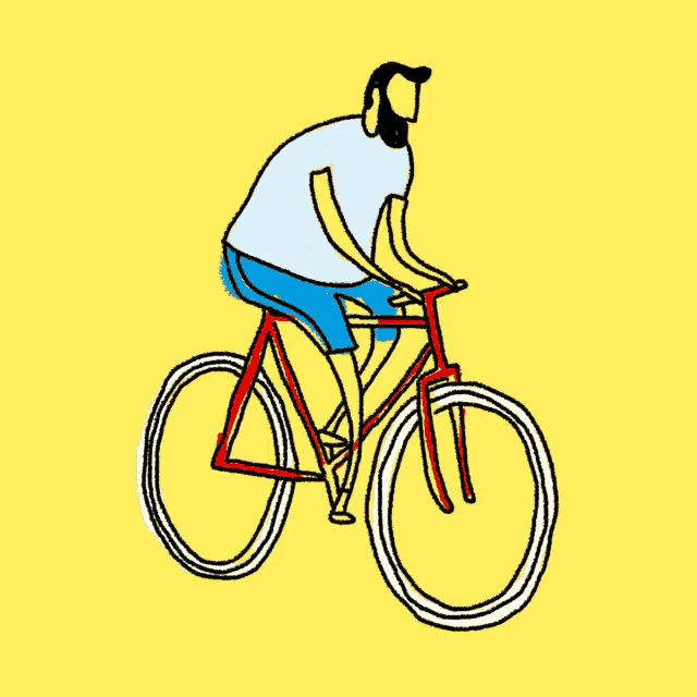 a man with a beard is riding a red bike on a yellow background