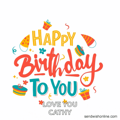 a happy birthday to cathy greeting card with gifts and confetti