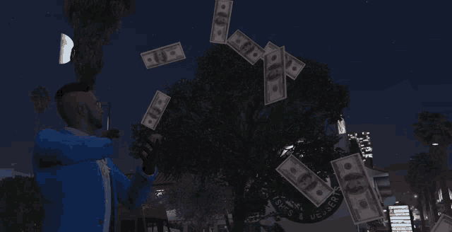 a man in a video game is throwing money in the air in front of a business consultants sign