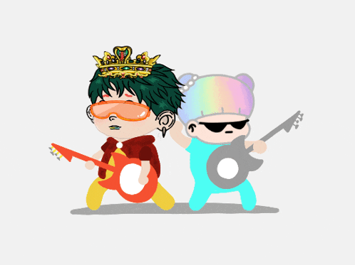 a boy with a crown on his head is playing a guitar next to another boy with a guitar