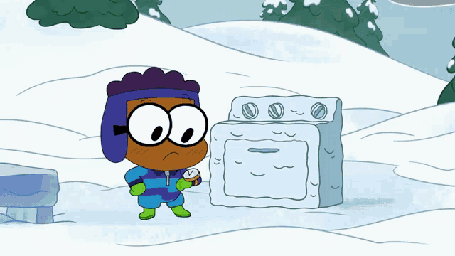 a cartoon character is standing in the snow next to a frozen stove
