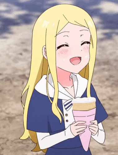 a cartoon girl with blonde hair is holding a pink cone and smiling