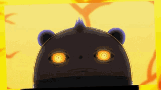 a close up of a cartoon character with glowing eyes and a yellow background .