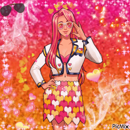 a picture of a girl with pink hair and a skirt made of hearts