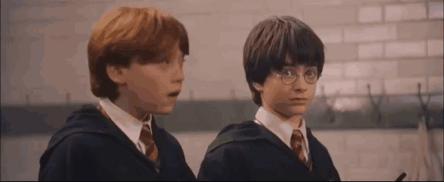 harry potter and ron weasley are standing next to each other and looking at something