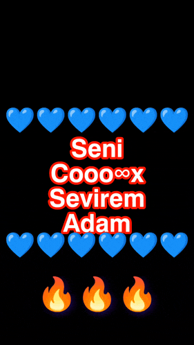 a black background with blue hearts and the words seni coooox seviyem adam