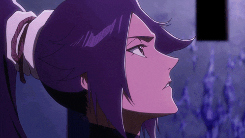 a close up of a purple haired anime character with a ponytail