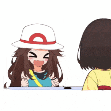 a cartoon of a girl wearing a hat and holding a pokemon ball .