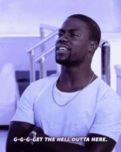 a man in a white shirt is smiling and saying `` g-g-get the hell outta here '' .