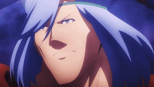 a close up of a man with long blue hair