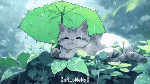 a drawing of a cat laying under an umbrella with the username @mr_omexxd