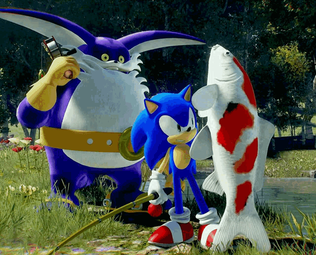 sonic the hedgehog standing next to a purple monster and a fish