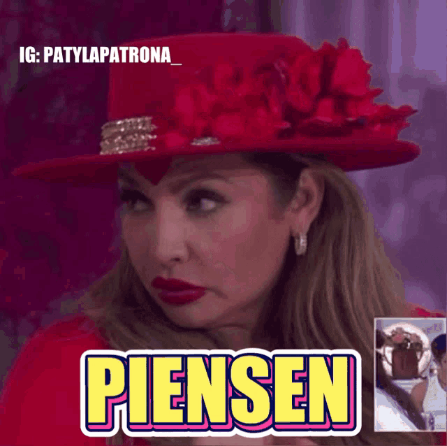 a woman wearing a red hat with the word piensen written on it