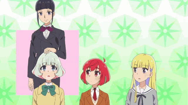 a group of anime characters standing next to each other on a pink background