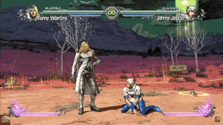 a video game with funny valentine and johnny joestar playing