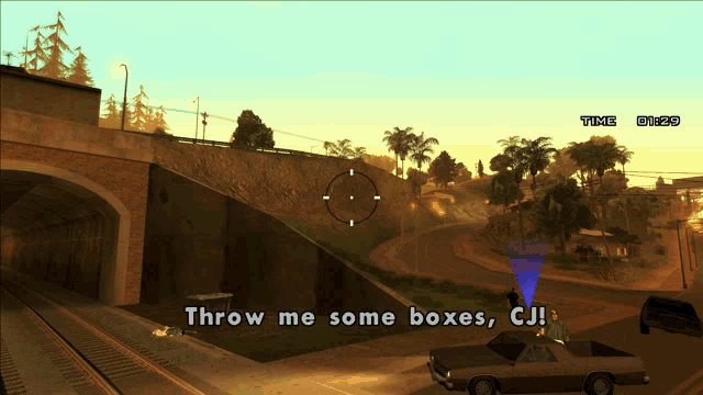 a screenshot of a video game that says " throw me some boxes cj "