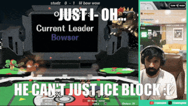 a man wearing headphones is playing a video game with a caption that says he can t just ice block