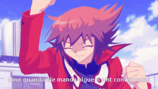 a red haired anime character with the words nour quando ele mando alguem smt com sucesso