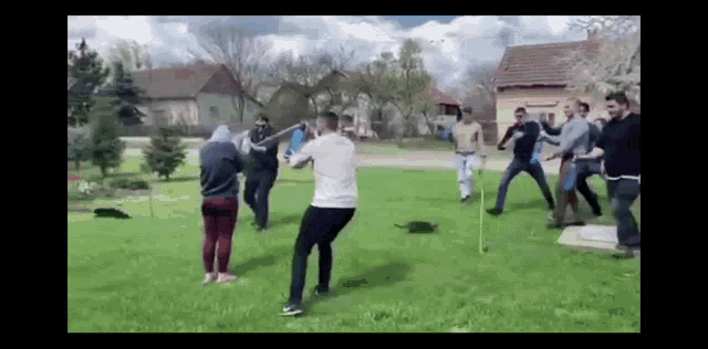 a group of people are standing in the grass fighting
