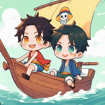 a couple of anime characters are sitting in a boat in the water .