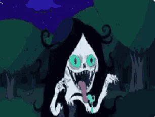 a cartoon drawing of a ghost with green eyes and sharp teeth