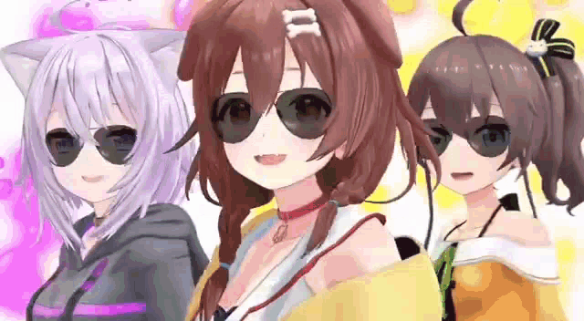 three anime girls are wearing sunglasses and standing next to each other .