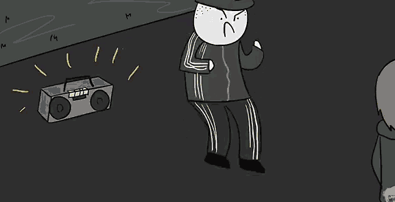a cartoon of a man standing next to a radio
