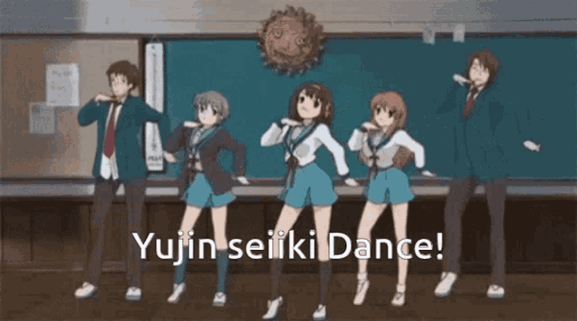 a group of anime characters are dancing in front of a blackboard with the words " yujin seiiki dance "