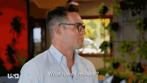 a man with glasses is asking what have i missed