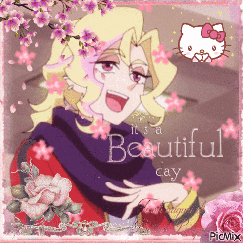 a picture of a girl with flowers and the words it 's a beautiful day on it