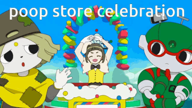 a poster for a poop store celebration shows cartoon characters