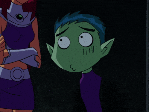 a group of cartoon characters including raven starfire and beast boy are standing in a dark room