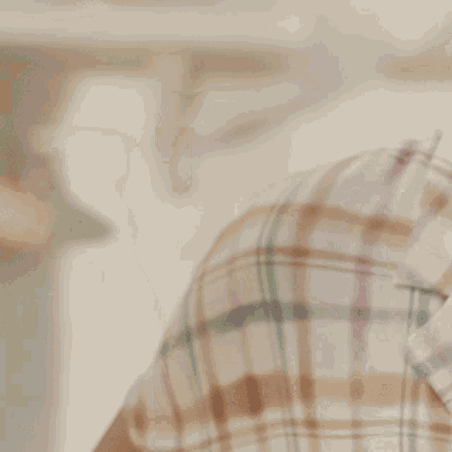 a man wearing a plaid shirt is looking at something