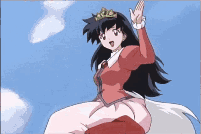 a cartoon girl wearing a tiara and a red dress