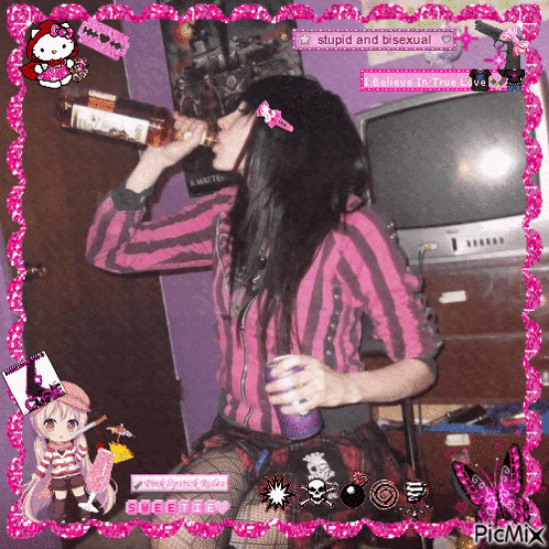 a girl drinking from a bottle with a picture frame that says stupid and bisexual in the background