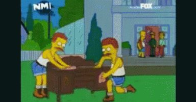 two cartoon characters are cleaning a piano in front of a building that says fox