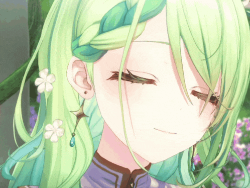 a close up of a girl 's face with green hair