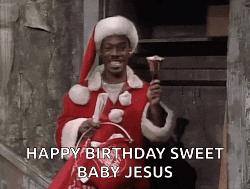 a man in a santa suit is holding a bell and a bag and says happy birthday sweet baby jesus .