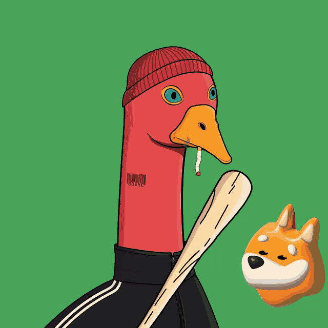 a cartoon duck with a barcode tattoo on its neck is holding a bat and smoking a cigarette