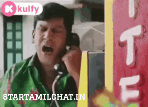 a man talking on a phone with the words starttamilchat.in written below him
