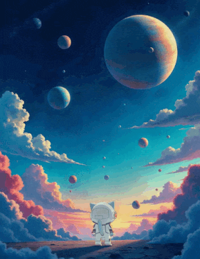 a cat in a space suit is looking up at the planets in the sky